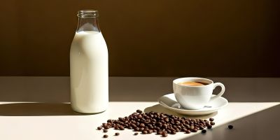 Taza de café y botella de leche